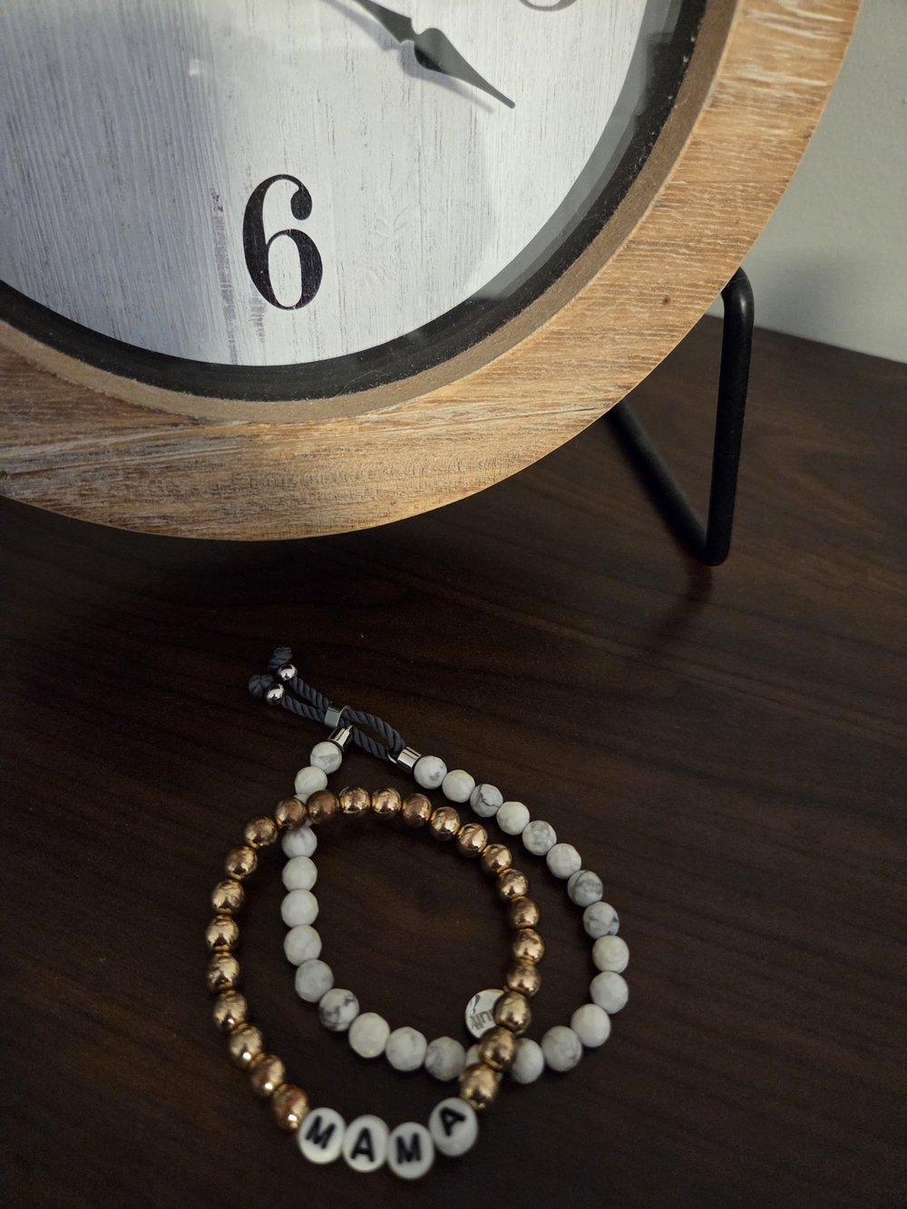 Stacked 'MAMA' Beaded Bracelet Set in White Marble and Gold